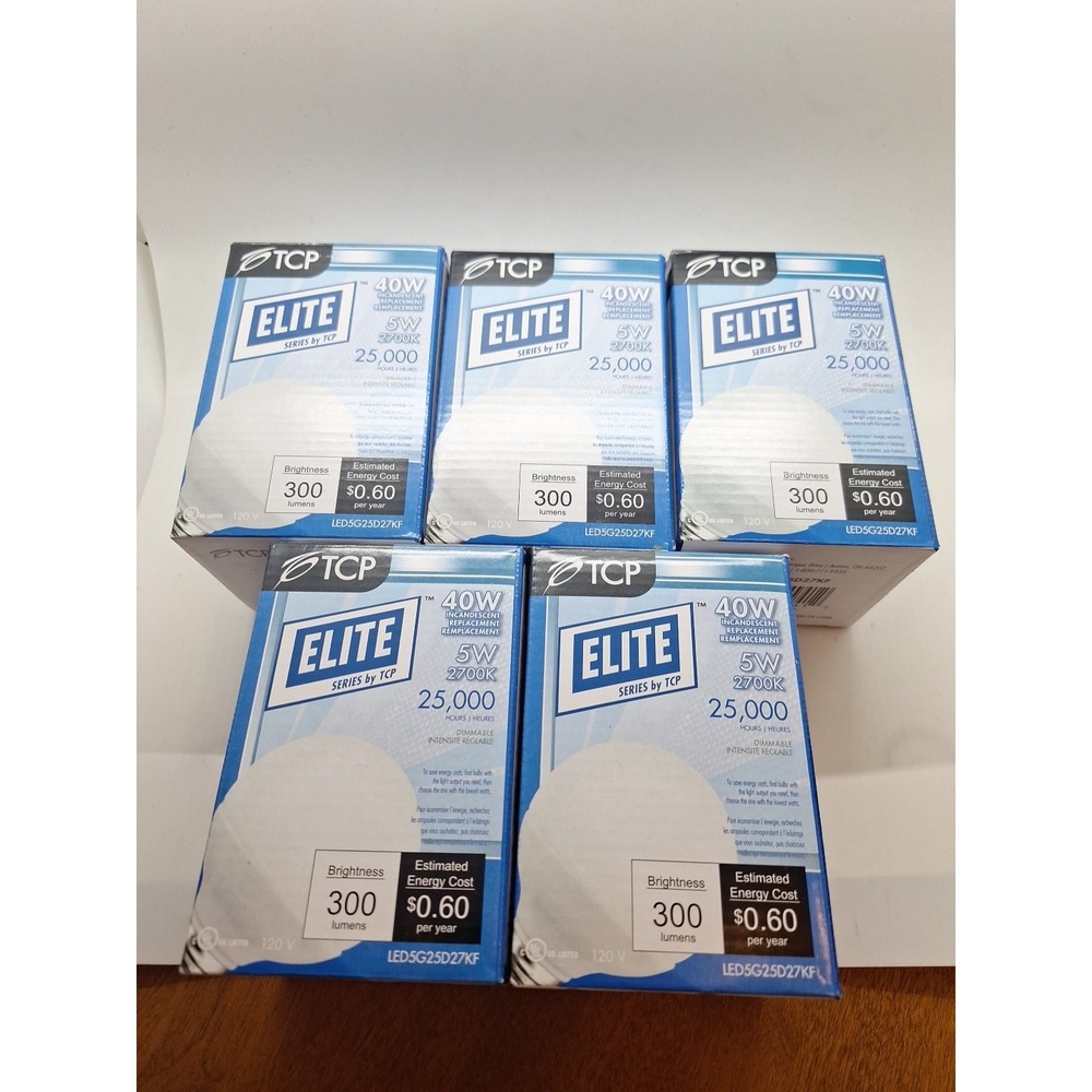 TCP Elite 40W 4W 2700K G25 LED LED5G25D27KF Dimmable Globe Light Bulbs Lot Of 5